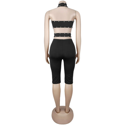 Beads Decorate Playsuits Women Hot Commodity Jumper One Piece Jumpsuit Sexy Halter Cutout Sleeveless Backless Skinny Rompers