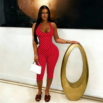 Doyerl Polka Dot One Piece Jumpsuits for Woman Club Outfits Halter V-neck Backless Lace-up Bandage Corset Bodycon Romper Mono