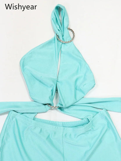 Women Turquoise Halter Neck Jumpsuit Cutout Front Sleeveless High Waist Bodycon Capri Pants Metal Ring Party Club Beach Outfit