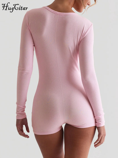 Hugcitar Spring Ribbed Solid Square Collar Long Sleeve Buttons Sexy Bodycon Skinny Playsuit Women Casual Romper Streetwear Sport