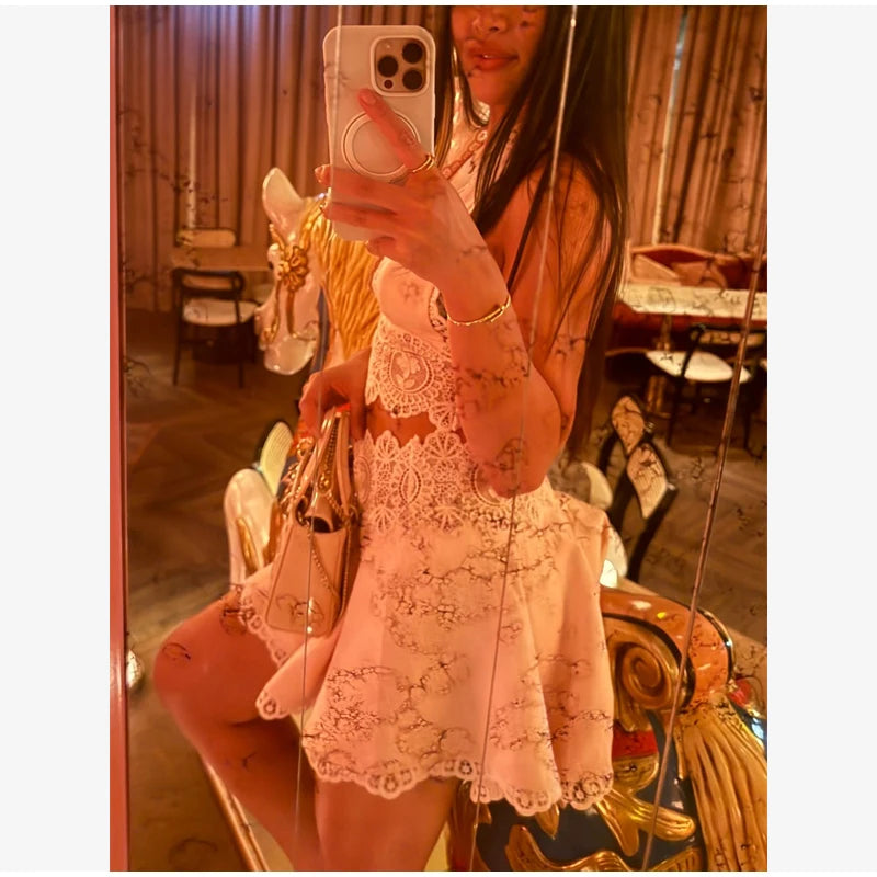 Women Pink Lace Mesh 2 Piece Outfit Straps Floral Cropped Cami High Waist Wide Leg Trousers Set Bohemian Seaside Holiday Suit