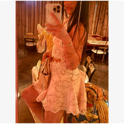 Women Pink Lace Mesh 2 Piece Outfit Straps Floral Cropped Cami High Waist Wide Leg Trousers Set Bohemian Seaside Holiday Suit