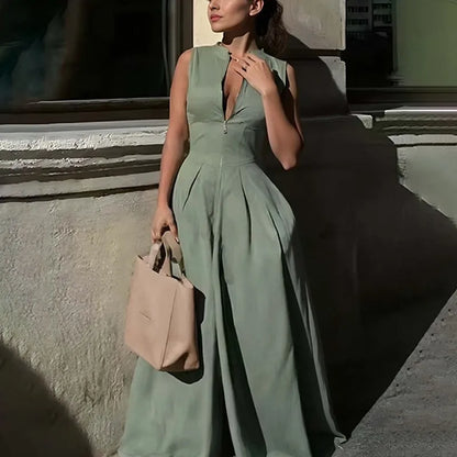 Fashion Sleeveless Jumpsuits Women's Trendy Solid Color V-Neck Zipper Loose Pockets High Waist Wide Leg Pants One Piece Outfits