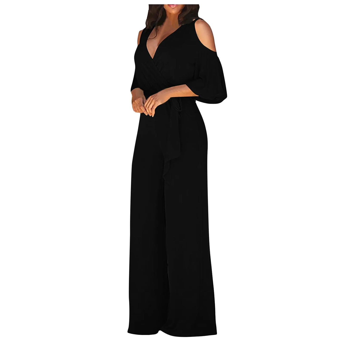 Jumpsuit Summer Pure Color Women Sexy Deep V Neck Short Sleeve Rompers Fashion Slim Fit Lace Up Elegant Female Wide Leg Jumpsuit