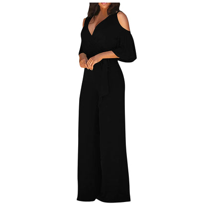 Jumpsuit Summer Pure Color Women Sexy Deep V Neck Short Sleeve Rompers Fashion Slim Fit Lace Up Elegant Female Wide Leg Jumpsuit