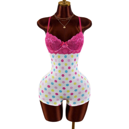 HLJ&GG Sexy Polka Dot Print Lace Splicing Bodycon One Piece Rompers Women Spaghetti Strap Sleeveless Backless Jumpsuits Street
