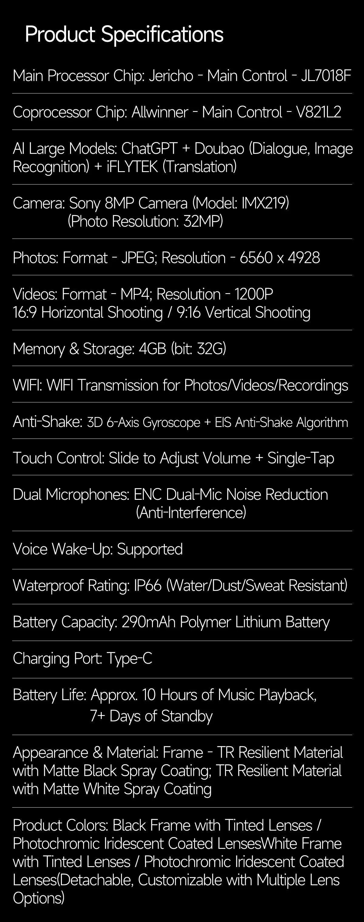 AI Smart Glasses with Camera  with built-in storage (no SD card required)deal for outdoor sports such as cycling skiing baseball