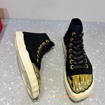 Golden Five Fingers Catwalk Ladies Shoes 2024 Summer New Sexy Street Thick Sole Sports Casual Pumps Model Party Lace Up Sneakers