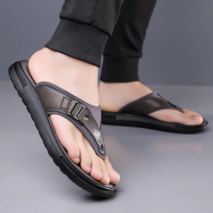 New Trend Men's Flip Flops Leather Beach Sandals Quick Dry Water Shoes Non Slip Summer Slippers Outdoor Slides Walking Sandalias
