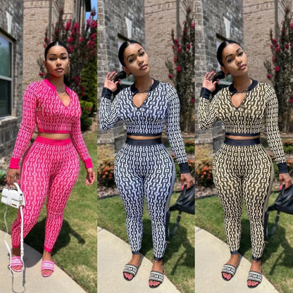 Pant Set Women Two Piece Sets V Neck Full Sleeve Sexy Tops Print Long Pants Elastic Waist Y2k Streetwear Elegant Sheath Slim Fit