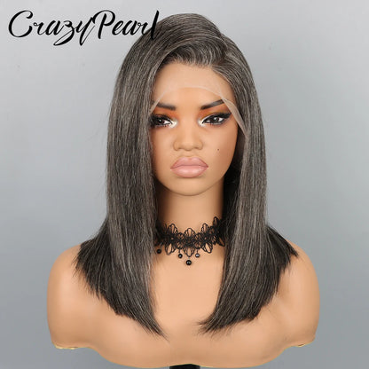 CrazyPearl Bob Wig Human Hair Salt and Pepper Grey Wigs 13X4 Straight Lace Frontal Wigs Human Hair Natural Hairline Gray Wigs