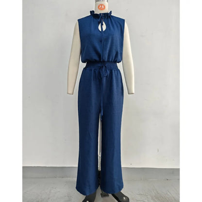 Summer Fashion Elastic Waisted Wide Leg Jumpsuit Women's Sleeveless Sexy Deep V-Neck Lace-up Loose Pockets Female Rompers 2026