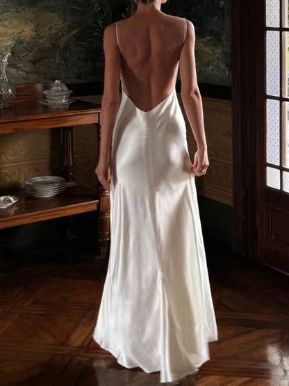 Luxury White Satin Backless Veatido Women Sexy Spaghetti Strap V-neck High Split Midi Dress Vacation Evening Party Beach Outfits