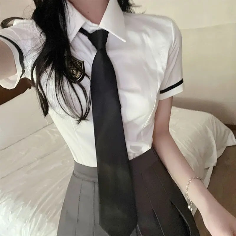 2025 improved daily jk uniform summer new white short/long sleeve shirt + pleated skirt jk uniform two-piece set for women w237