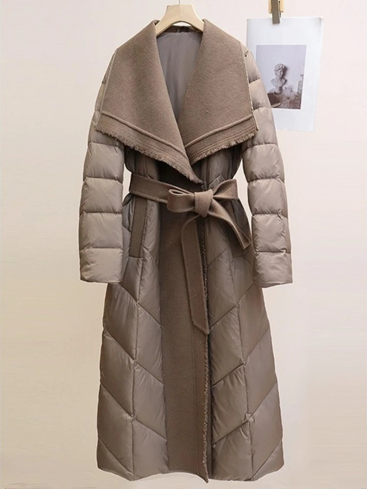 White Duck Down Coat Wool Patchwork 2025 Down Jacket for Women Autumn Winter New Fashion Style Long Puffer Jacket Lady Feather