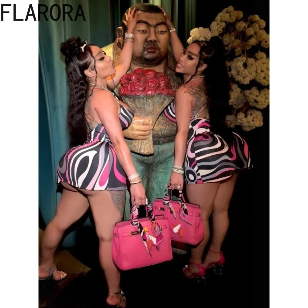 FLARORA Sexy Stripe Print Halter Mini Dress Woman Sleeveless Backless Bodycon Dresses Female Party Clubwear Vestidos Summer New
