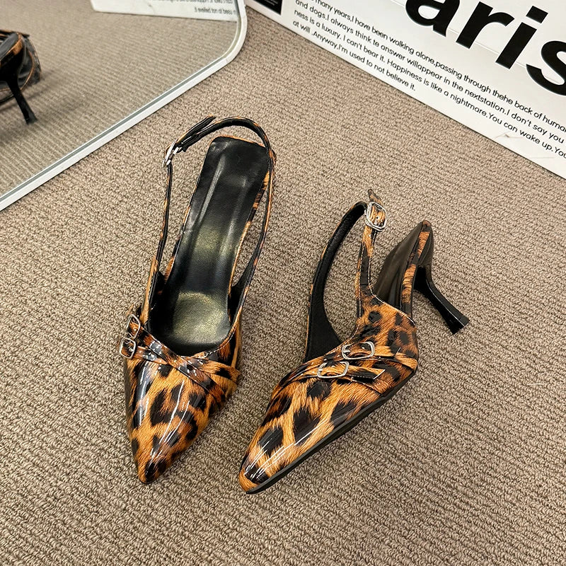 Women's Sandals Leopard Sexy High Heels Shoes Pointed Toe Luxury Pumps Slippers Woman Brand Dress Buckle Ladies De Flip Flops