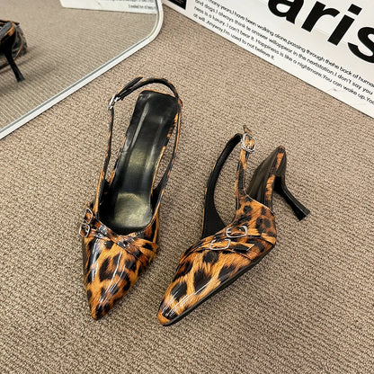 Women's Sandals Leopard Sexy High Heels Shoes Pointed Toe Luxury Pumps Slippers Woman Brand Dress Buckle Ladies De Flip Flops