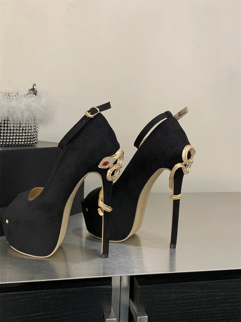 Liyke Sexy Metal Snake Shape Thin Heeled Sandals Women Peep Toe Buckle Strap Platform High Heels Party Stripper Shoes Size 35-42