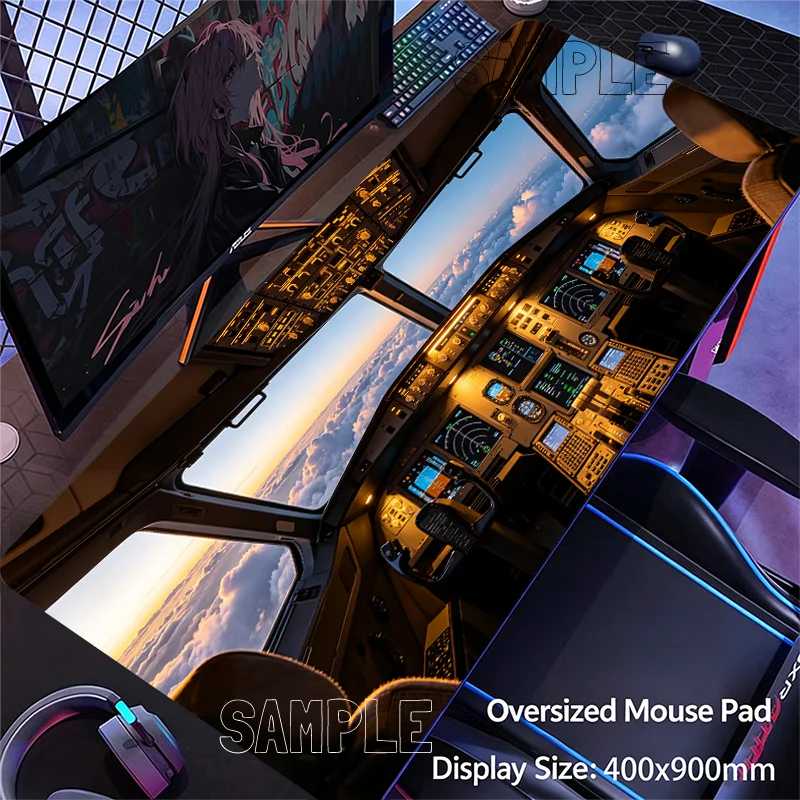 Aircraft Cockpit Design Extended Desk Mat Non-slip Mouse Pad Stitched Edge for Home Game Office Study Laptop Computer Table Pad