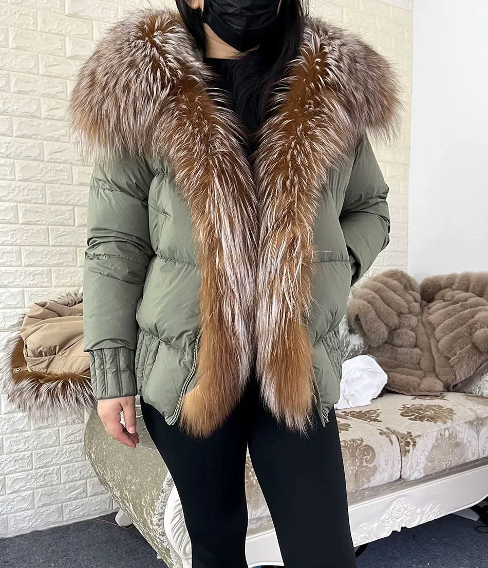 MMK 2023 Winter Women Warm White Duck Down Jacket Natural Real Fox Fur Collar Hood Puffer Coat Thick Luxury Outerwear