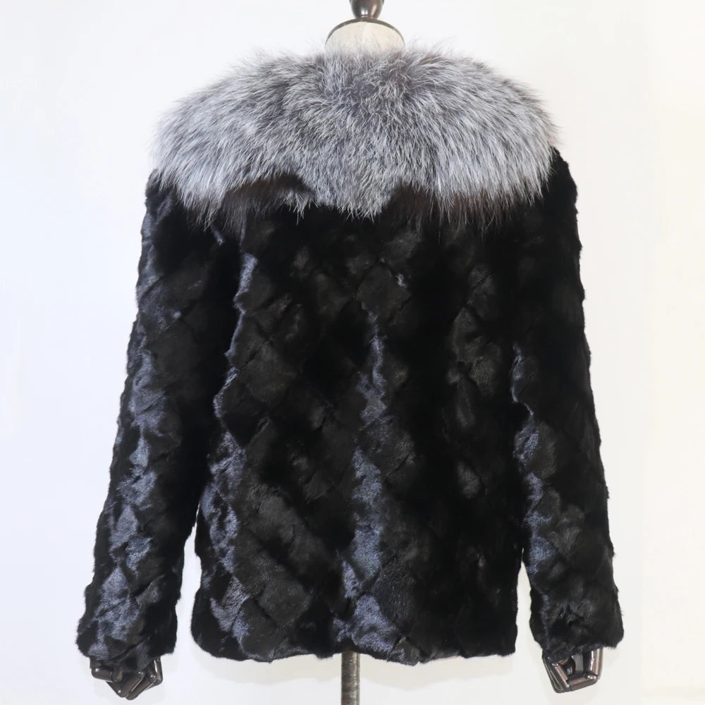 Women Winter Real Mink Fur Caot With Fox Fur Collar Natural Warm Mink Fur Jacket Lady Fashion 100% Real Mink Fur Overcoat