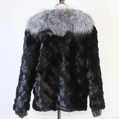 Women Winter Real Mink Fur Caot With Fox Fur Collar Natural Warm Mink Fur Jacket Lady Fashion 100% Real Mink Fur Overcoat