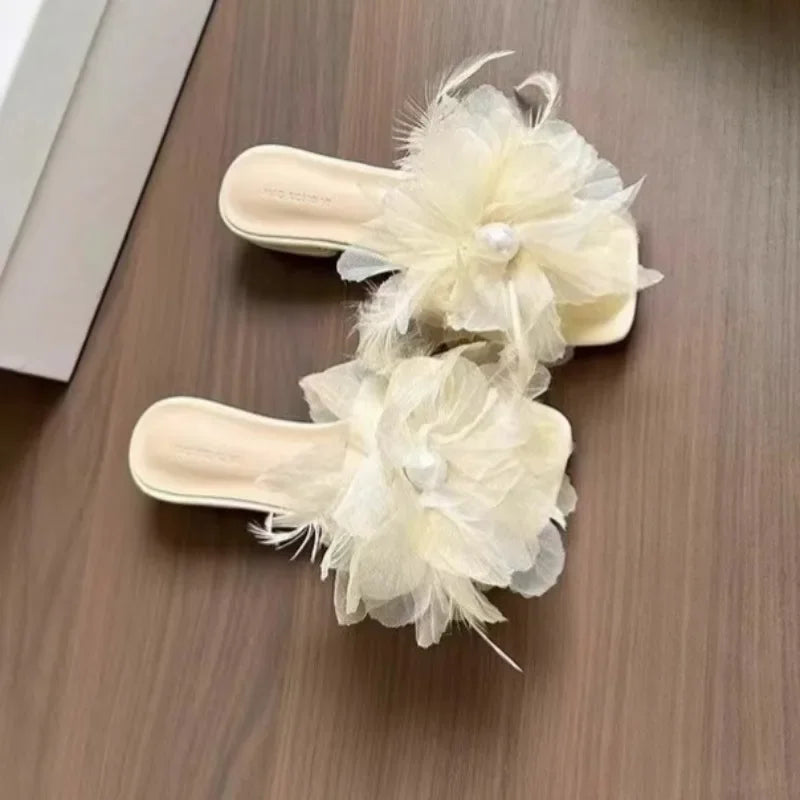 High End Luxury Flower Slippers Women Fairy Flower Shoes Open Toe Slides Femme Outside&Home Pantuflas Sandals Ladies Flip Flops