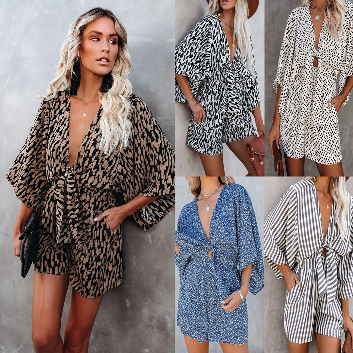 Summer Print Jumpsuit Women Rompers Sexy V Neck Short Sleeves High Waisted Wide Leg Shorts Trousers Casual Loose Jumpsuit Y2k