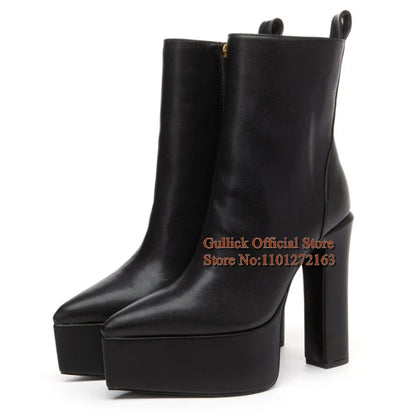 Sexy Pointed Toe Platform Chunky Heels Women Ankle Boots Black Matte Leather Side Zipper Block Heels  Short Booties