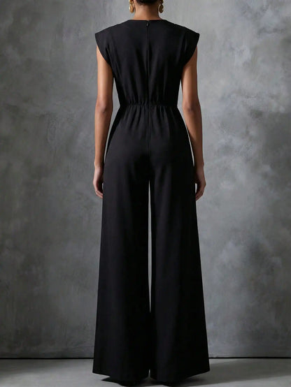 Women's Jumpsuits & Rompers, Black Sleeveless Wide Leg with Decorative Buttons, Tailored Formal Evening Outfit