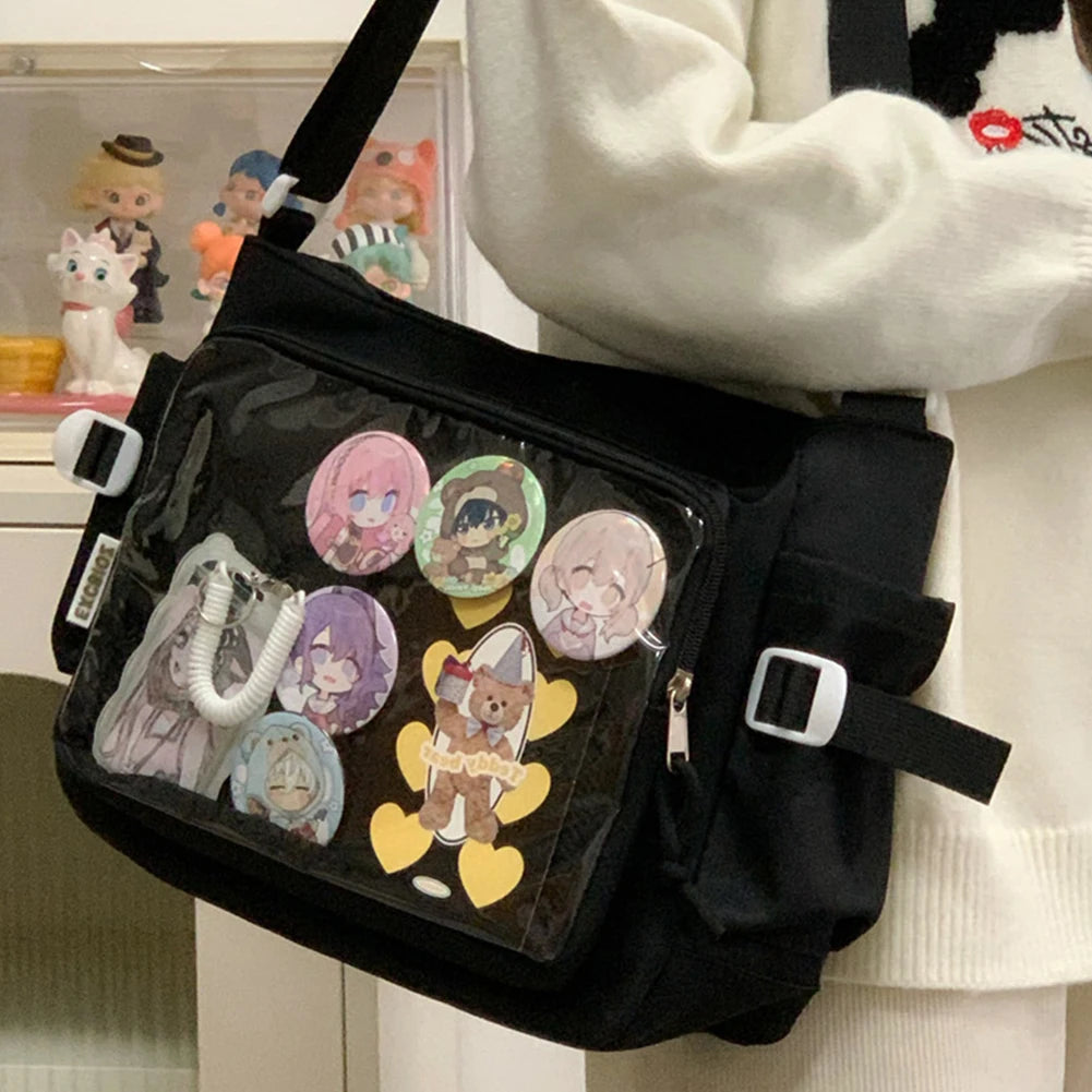 Japanese High School Girls Crossbody Bags Transparent Square Ita Bags Handbags Black Messenger Bag Ladies Sweet Lolita