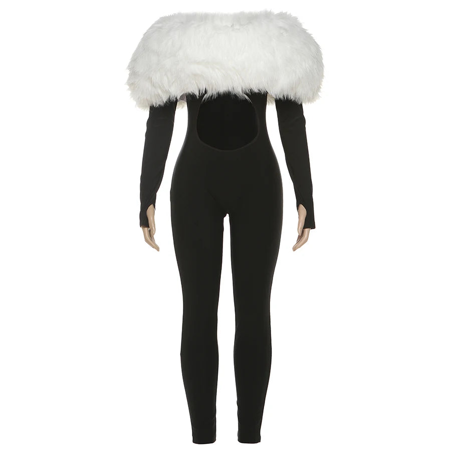 Weird Puss Furry Slash Neck Jumpsuits Woman Luxury Hipster Patchwork Trend Sexy Hollow Stretch Fitness Club Activity Overalls