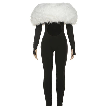 Weird Puss Furry Slash Neck Jumpsuits Woman Luxury Hipster Patchwork Trend Sexy Hollow Stretch Fitness Club Activity Overalls