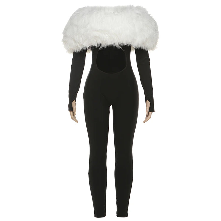Weird Puss Furry Slash Neck Jumpsuits Woman Luxury Hipster Patchwork Trend Sexy Hollow Stretch Fitness Club Activity Overalls