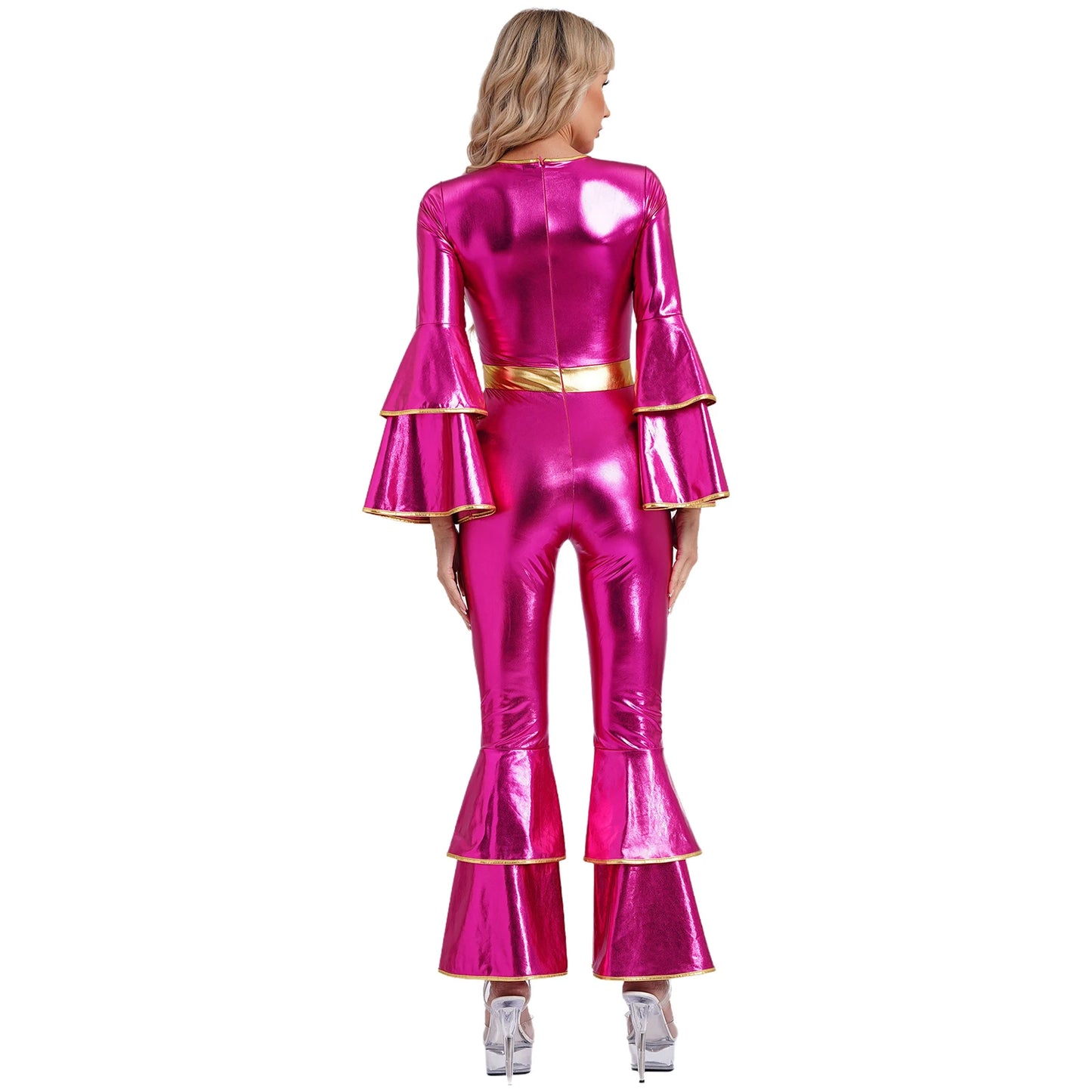 Womens 70S Disco Vintage Jumpsuit Metallic Shiny Flare Sleeve Bodysuit Hippie Bell Bottom Jazz Dance Carnival Rave Party Costume
