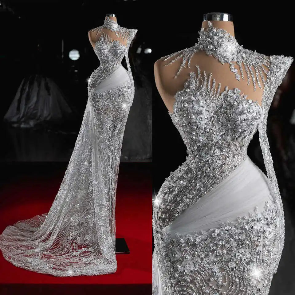 Luxury Mermaid Wedding Dresses Pearls Sequins One Shoulder Bridal Gowns Prom Dresses Sweep Train Vestido De Novia Customized