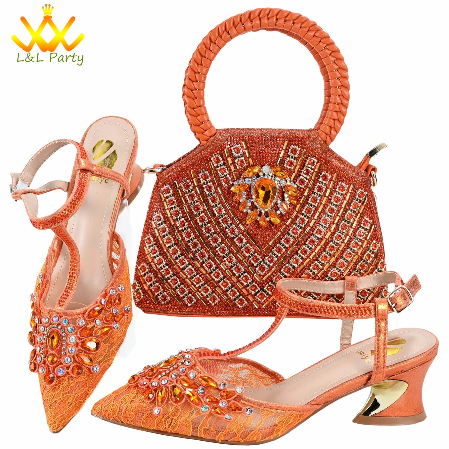 Orange Color New Arrivals Italian Design Nigerian Women Shoes and Bag Set Pointed Toe Slipper with Shinning Crystal for Party