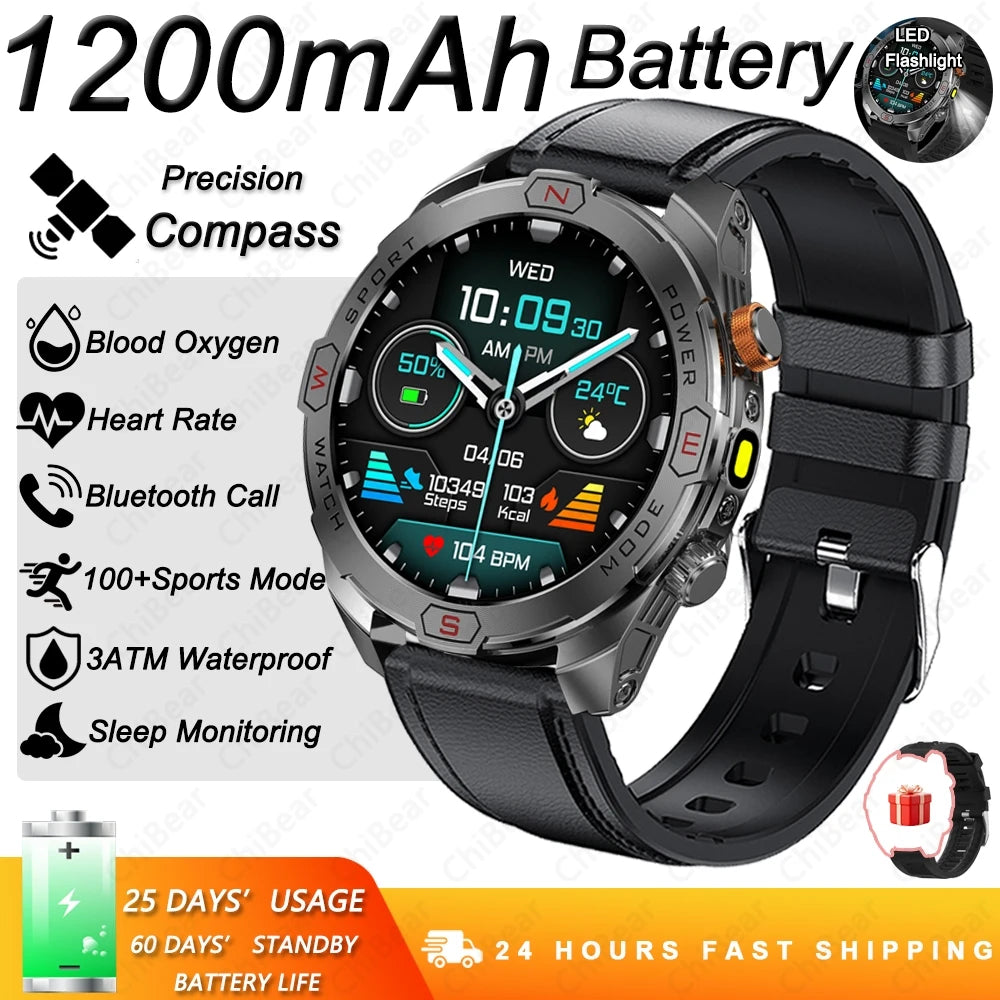 ChiBear Genuine Military Smart Watch Men: 1200 mAh Battery Compass GPS Sports Outdoor Watch Bluetooth Call Smartwatch 2026 New