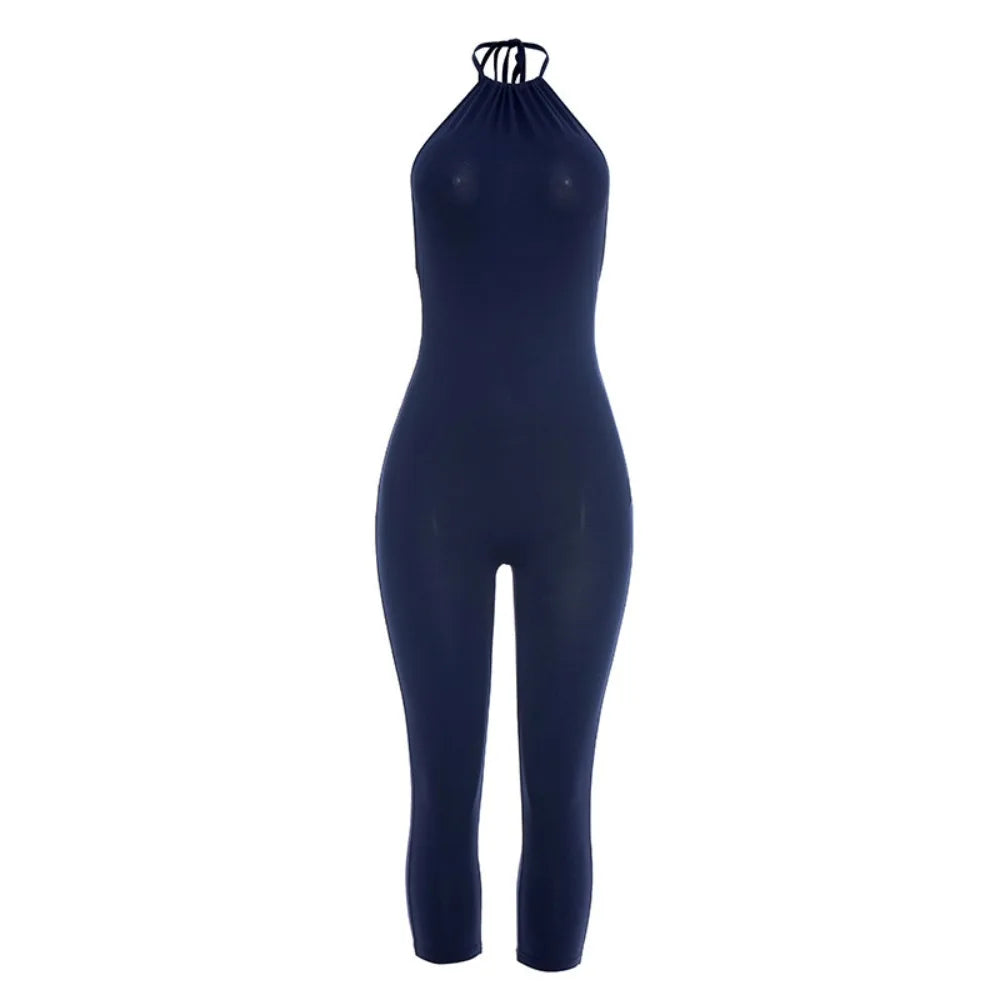 FLARORA Sexy Halter Backless Skinny Jumpsuits Woman Solid Color Slim Fit Capri Jumpsuit Hottie Midnight Street Clubwear Overalls
