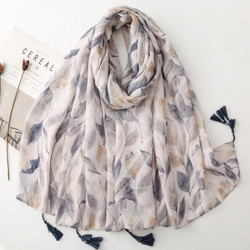 Spain Fashion Petal Floral Tassel Viscose Shawl Scarf Lady High Quality Print Soft Pashmina Stole Bufandas Muslim Hijab 180*90Cm