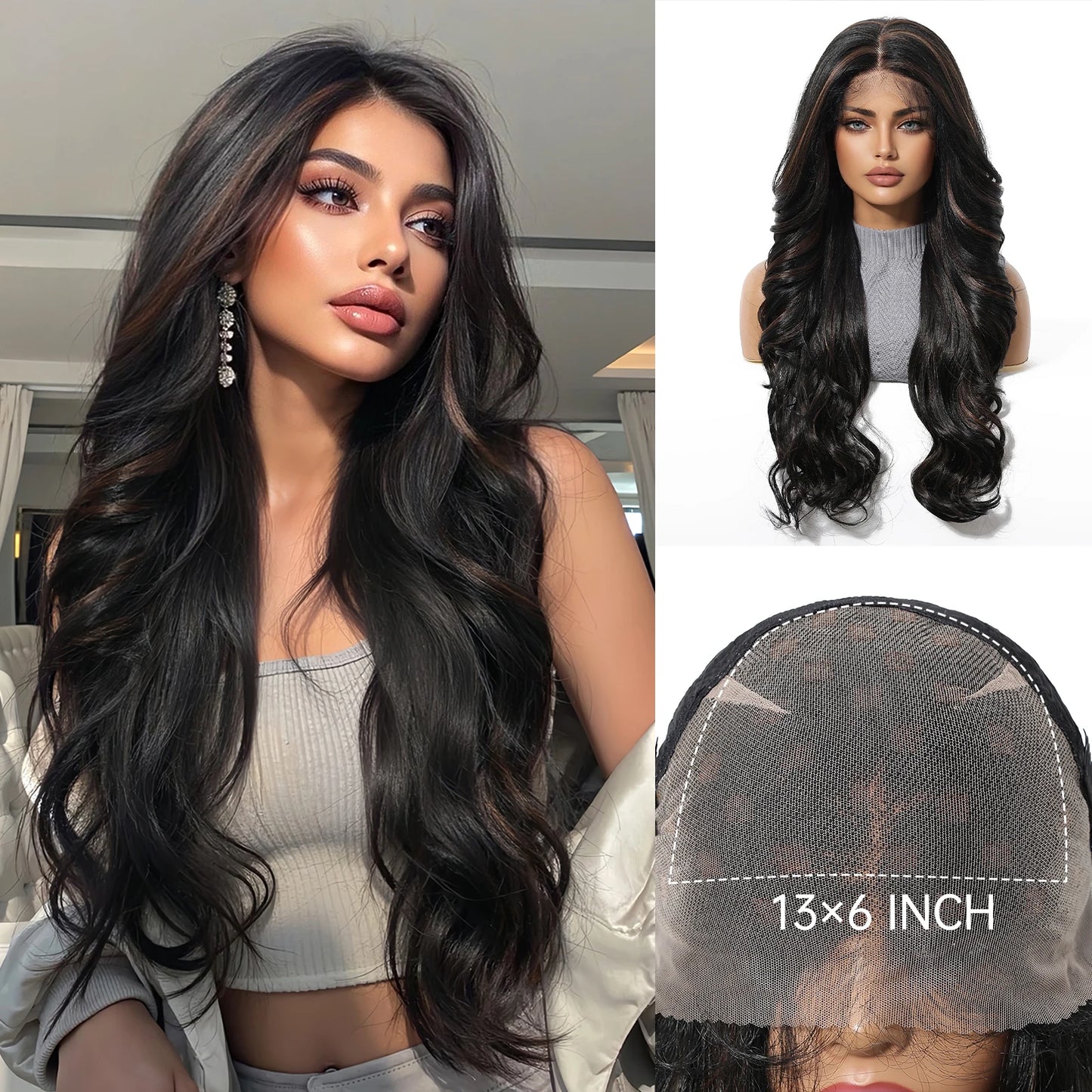 13*6 Lace Front Synthetic Wigs for Black Women Brown Copper 26 Inches Long Wavy Curly Wigs With Baby Hair Natural Hairline Wigs