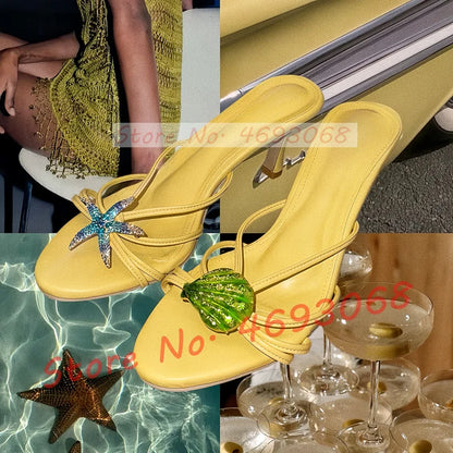 Rhinestone Shell Crab Decal Heeled Mules Women Elegant Beach Shallow High Heels Shoes Luxury Bling Cross Strap Fashion Slippers