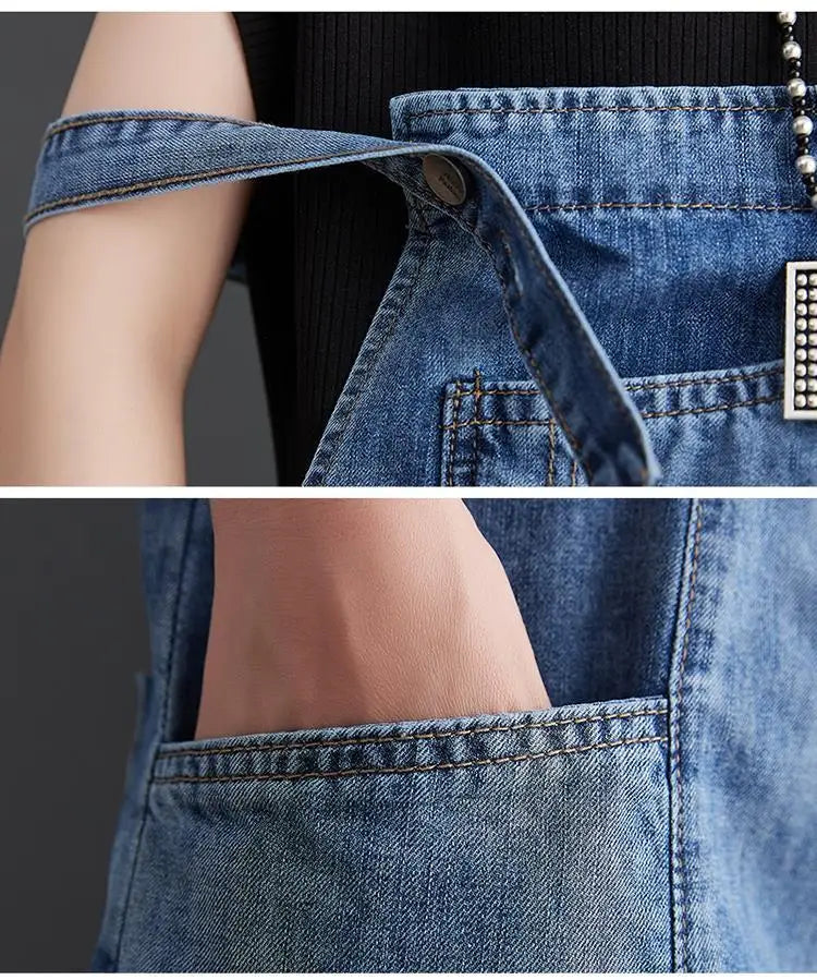 Summer Denim Straps Shorts Jeans Overalls Women Korean Wide Leg Jumpsuits Female Suspender Rompers Casual Conjoined Fifth Pants
