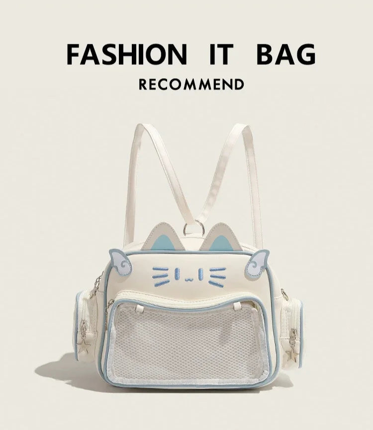 Women's Fashion Backpacks Y2K Korean Japan Kawaii Cat Ita Bag PU Cute Girls Transparent Pocket Aesthetic Shoulder Crossbody Bags