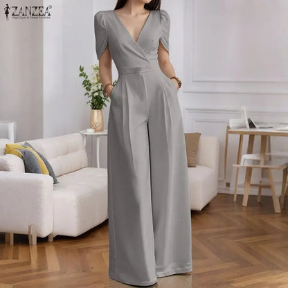 2025 ZANZEA Fashion Summer Women Party Jumpsuits Short Sleeve V-Neck Casual Rompers Playsuits Solid Elegant Pockets Streetwear