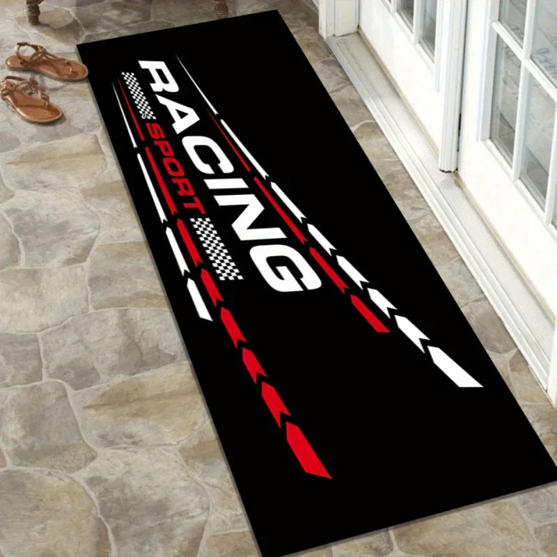 VIKAMA Black Motorcycle Racing Rug Sporty Moto Mat Garage Floor Carpet Easy Clean Modern Home Decor Entryway Runner