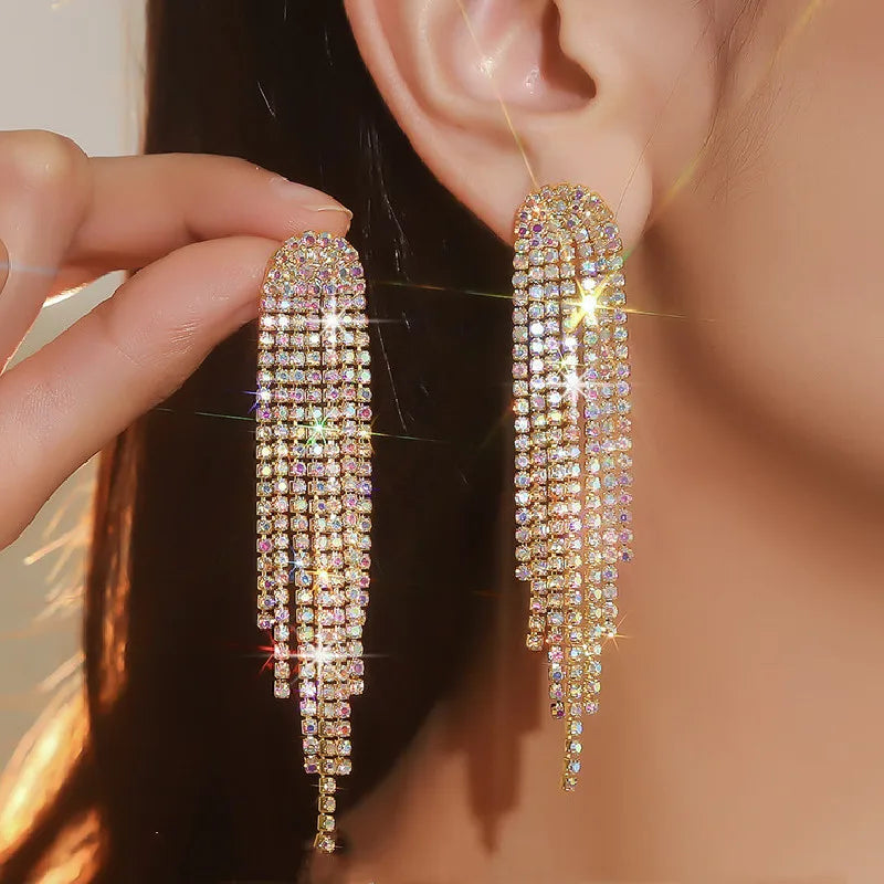FYUAN Fashion Long Tassel Drop Earrings for Women Black Gold Silver Color Rhinestone Dangle Earring Wedding Party Jewelry