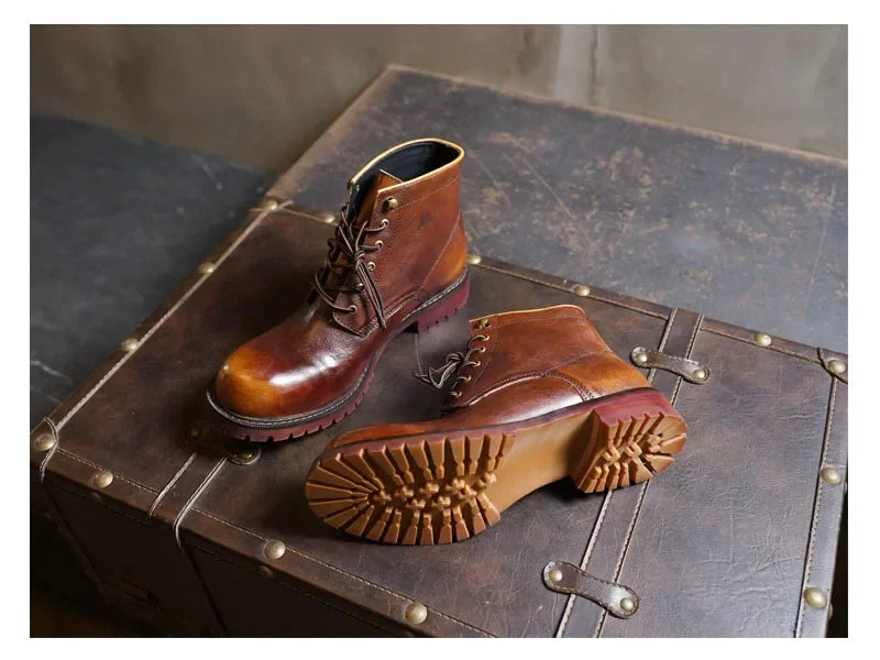 Fashion Men's Genuine Leather Motorcycle Boots British Brogue Shoes High-top Round Toe Mid-calf Chelsea Western Riding Boots