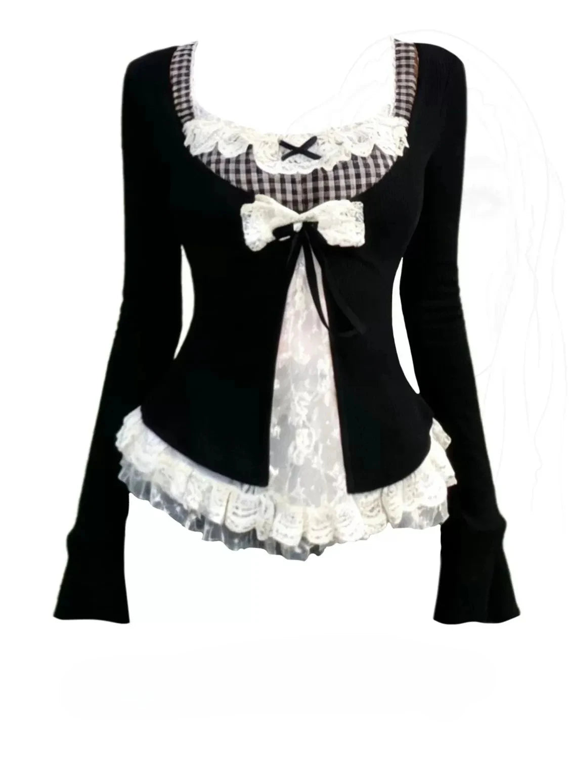 Korean Fashion Elegant Patchwork Lace Tops Slim Casual Long Sleeve Blouse 2000s American Vintage Sweet Pullover Chic